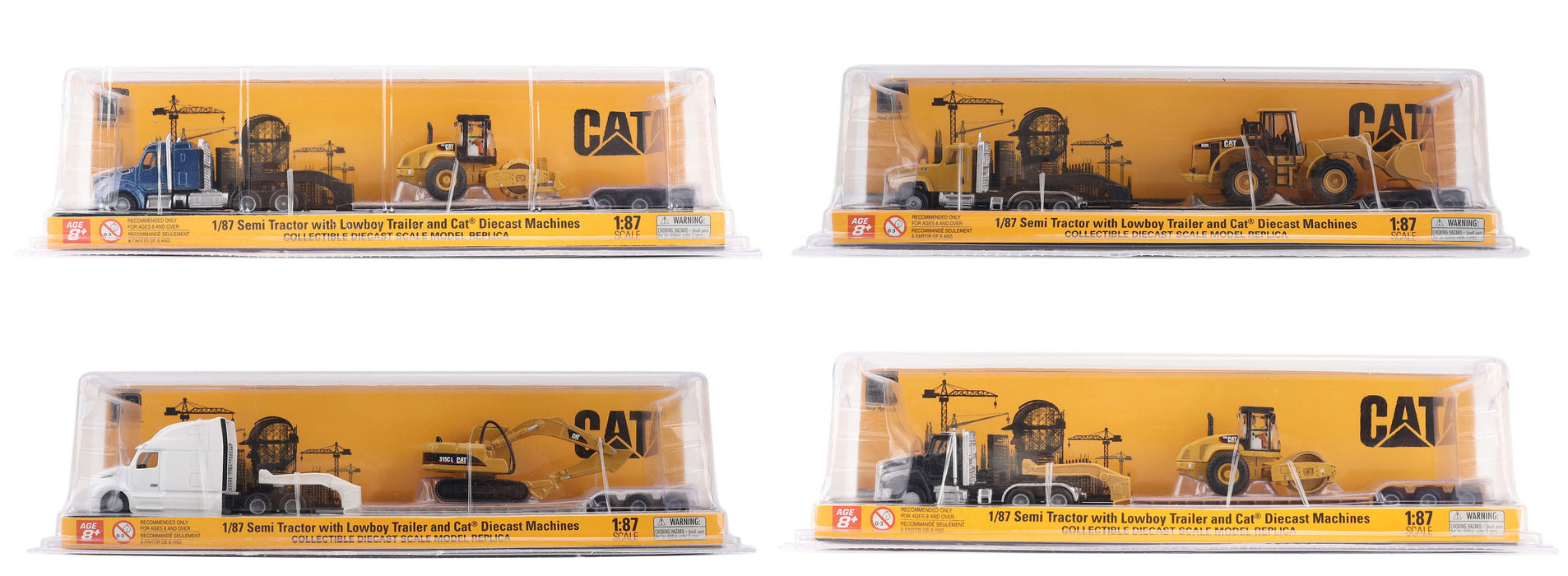 1:87 Cat Semi-Tractor with Lowboy Trailer and Cat Diecast Machines Series II Assortment (Contains 4 Units Each of 84418, 84423, 84424, & 84425)
