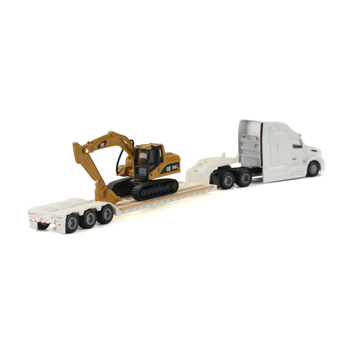 1:87 White Peterbilt 579 Tractor With Lowboy Trailer and Cat 315C Excavator