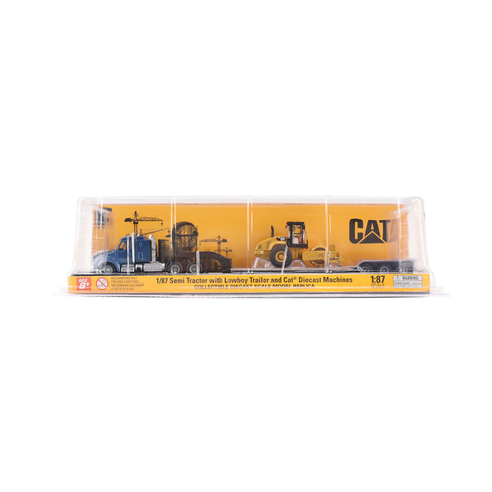 1:87 Cat Semi-Tractor with Lowboy Trailer and Cat Diecast Machines Series II Assortment (Contains 4 Units Each of 84418, 84423, 84424, & 84425)