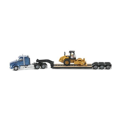 1:87 Blue Kenworth T880 Tractor with Lowboy Trailer and Cat Padfoot Roller