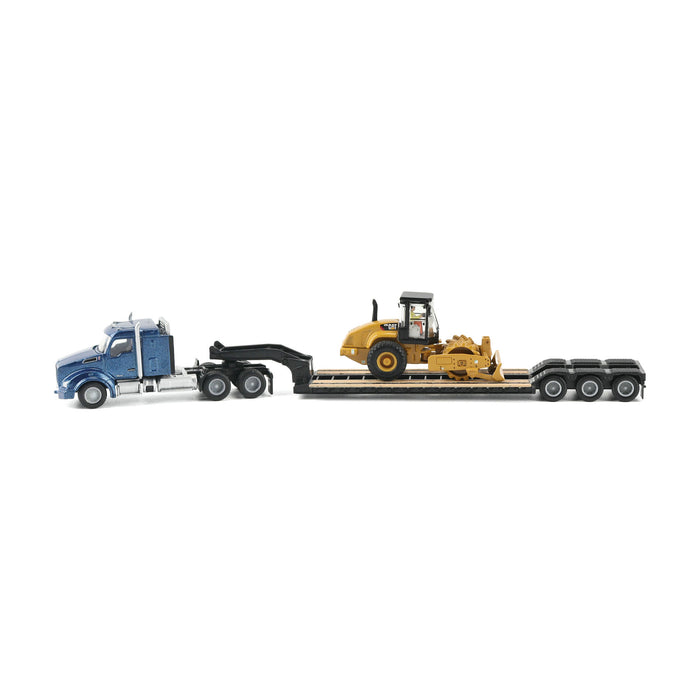 1:87 Blue Kenworth T880 Tractor with Lowboy Trailer and Cat Padfoot Roller