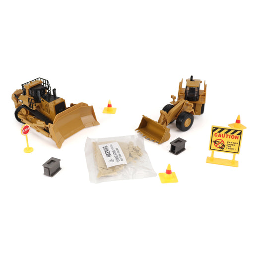 8 inch 1:64 Cat Diecast Models 2-Pack with Motion Sand and Accessories - Pack B: Cat 988H Wheel Loader + Cat D11 Track-Type Tractor
