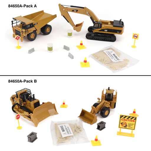 8 inch 1:64 Cat Diecast Models 2-pack Assortment with Motion Sand and Accessories
Pack A - Cat 385 Excavator + CAT 775E Mining Truck
Pack B - Cat 988H Wheel Loader + Cat D11 Tracl-Type Tractor