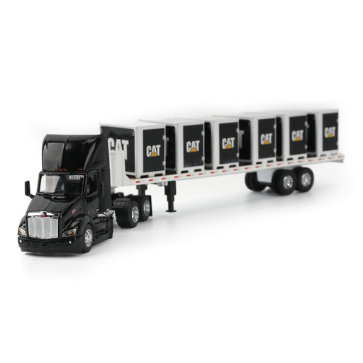 1:64 Black Peterbilt Truck with Flatbed Trailer, includes one CAT Steer Loader and 6 Pallet Boxes
