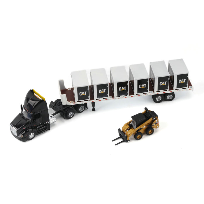 1:64 Black Peterbilt Truck with Flatbed Trailer, includes one CAT Steer Loader and 6 Pallet Boxes