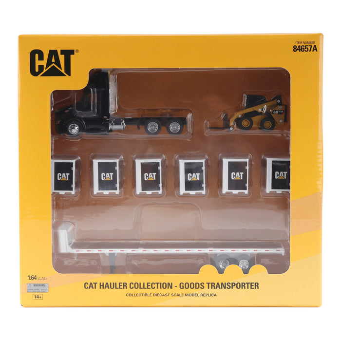 1:64 Black Peterbilt Truck with Flatbed Trailer, includes one CAT Steer Loader and 6 Pallet Boxes