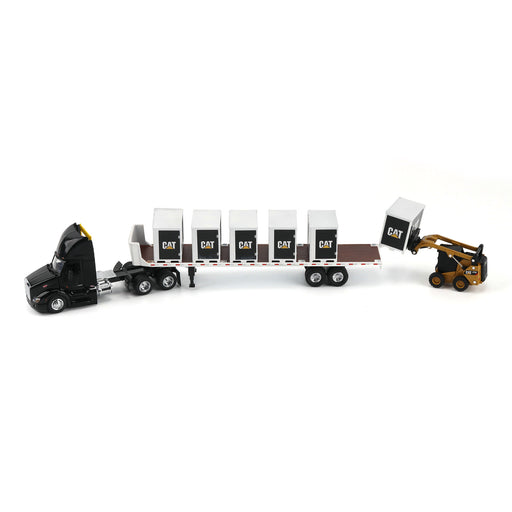 1:64 Black Peterbilt Truck with Flatbed Trailer, includes one CAT Steer Loader and 6 Pallet Boxes