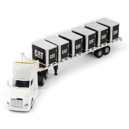 1:64 White Peterbilt Truck with Flatbed Trailer, includes one CAT Steer Loader and 6 Pallet Boxes