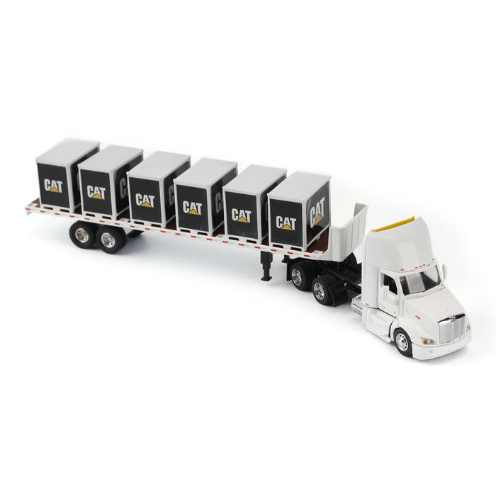 1:64 White Peterbilt Truck with Flatbed Trailer, includes one CAT Steer Loader and 6 Pallet Boxes