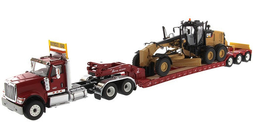 1:50 International HX520 Tandem Tractor + XL 120 Trailer, Red with Cat® 12M3 Motor Grader Loaded including Two Rear Boosters