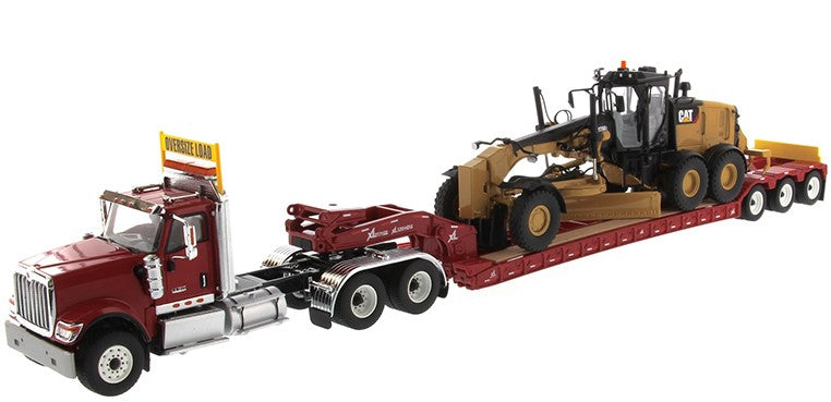 1:50 International HX520 Tandem Tractor + XL 120 Trailer, Red with Cat® 12M3 Motor Grader Loaded including Two Rear Boosters