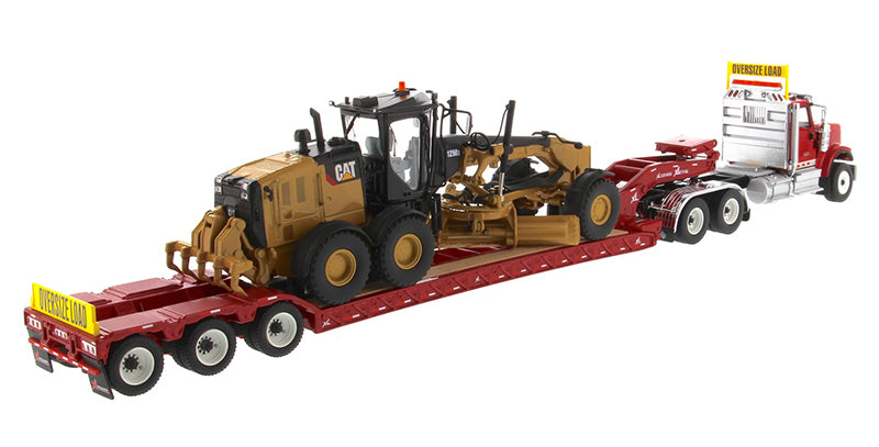 1:50 International HX520 Tandem Tractor + XL 120 Trailer, Red with Cat® 12M3 Motor Grader Loaded including Two Rear Boosters