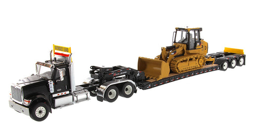 1:50 International HX520 Tandem Tractor + XL 120 Trailer, Black with Cat® 963K Track loader Loaded including Two Rear Boosters