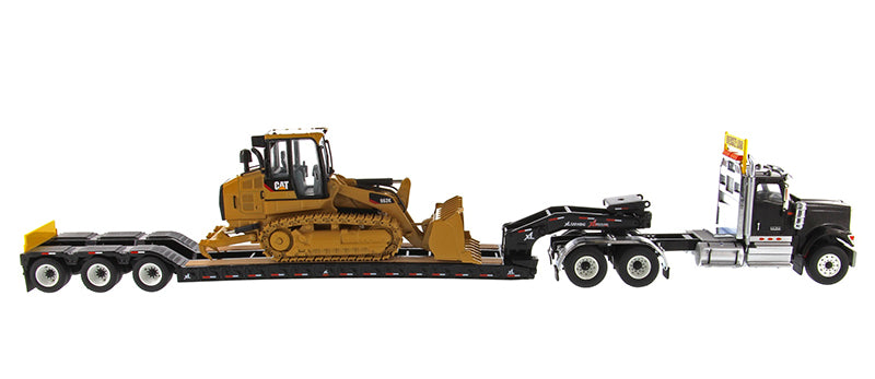 1:50 International HX520 Tandem Tractor + XL 120 Trailer, Black with Cat® 963K Track loader Loaded including Two Rear Boosters