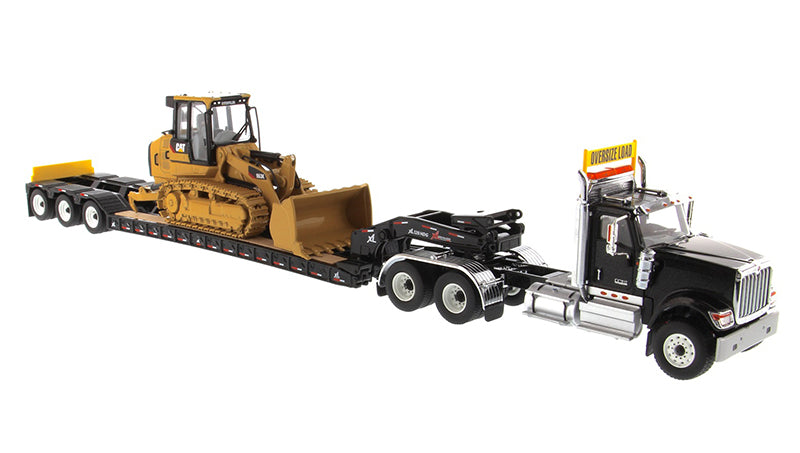 1:50 International HX520 Tandem Tractor + XL 120 Trailer, Black with Cat® 963K Track loader Loaded including Two Rear Boosters