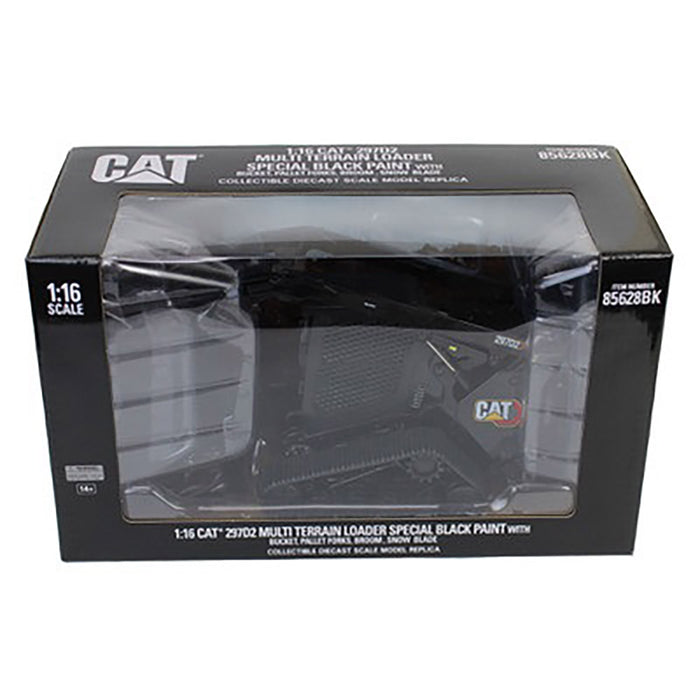 1:16 Cat 297D2 Multi Terrain Loader + bucket, pallet forks, broom and snow blade accessories (Yellow + Black assortment)