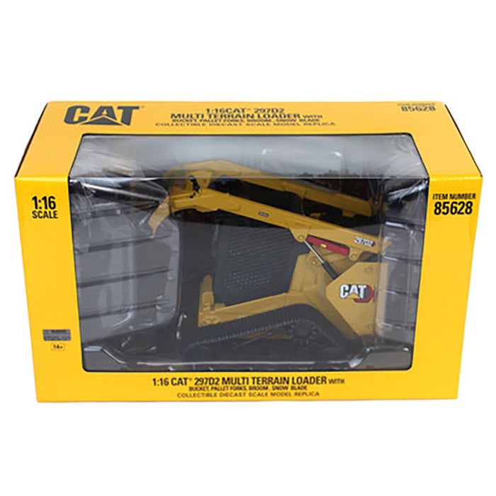1:16 Cat 297D2 Multi Terrain Loader + bucket, pallet forks, broom and snow blade accessories (Yellow + Black assortment)