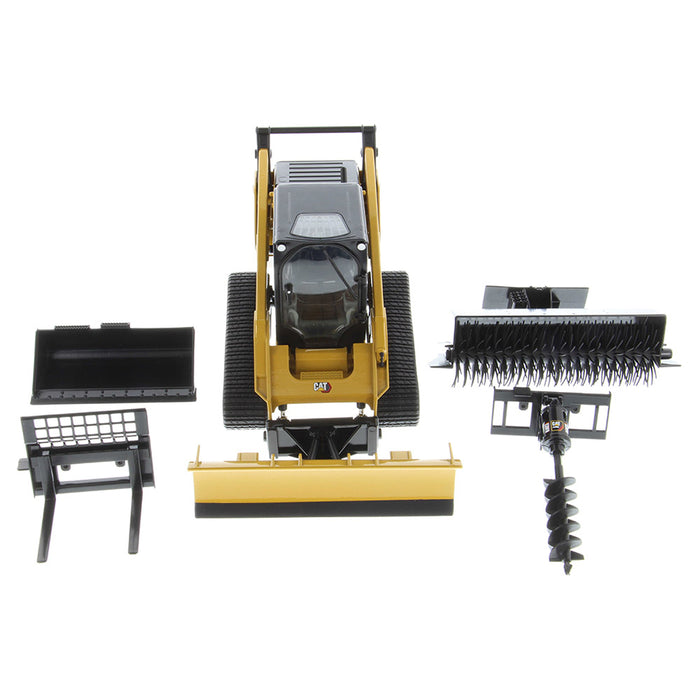 1:16 Cat 297D2 Multi Terrain Loader + bucket, pallet forks, broom and snow blade accessories (Yellow + Black assortment)