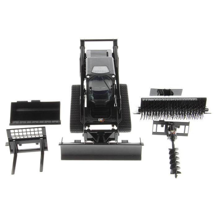 1:16 Cat 297D2 Multi Terrain Loader + bucket, pallet forks, broom and snow blade accessories (Yellow + Black assortment)