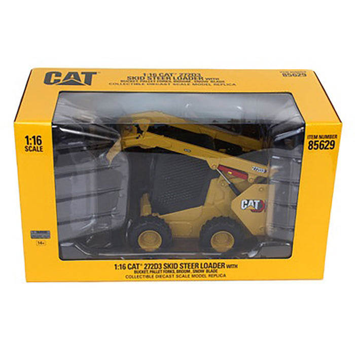 1:16 Cat 272D3 Skid Steer Loader + bucket, pallet forks, broom and snow blade accessories (Yellow + Black assortment)