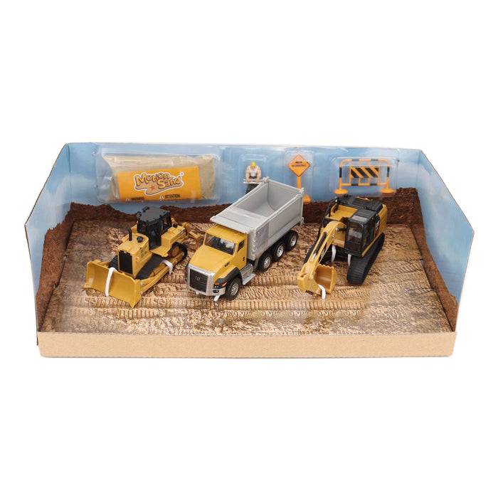 1:64 Cat Diecast Models 3-Pack Playset - Cat 320 Excavator + 660 Dump Truck + D6R Bulldozer with Motion Sand and Accessories