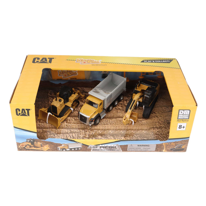 1:64 Cat Diecast Models 3-Pack Playset - Cat 320 Excavator + 660 Dump Truck + D6R Bulldozer with Motion Sand and Accessories