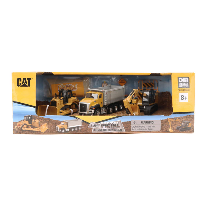 1:64 Cat Diecast Models 3-Pack Playset - Cat 320 Excavator + 660 Dump Truck + D6R Bulldozer with Motion Sand and Accessories